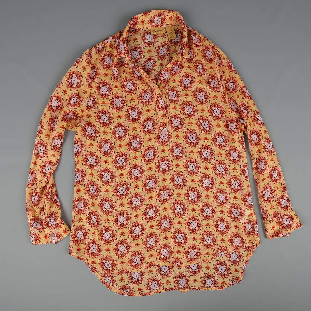 Wranglers Womens Large Floral Geometric Long Sleeve Semi Sheer Top Shirt Orange